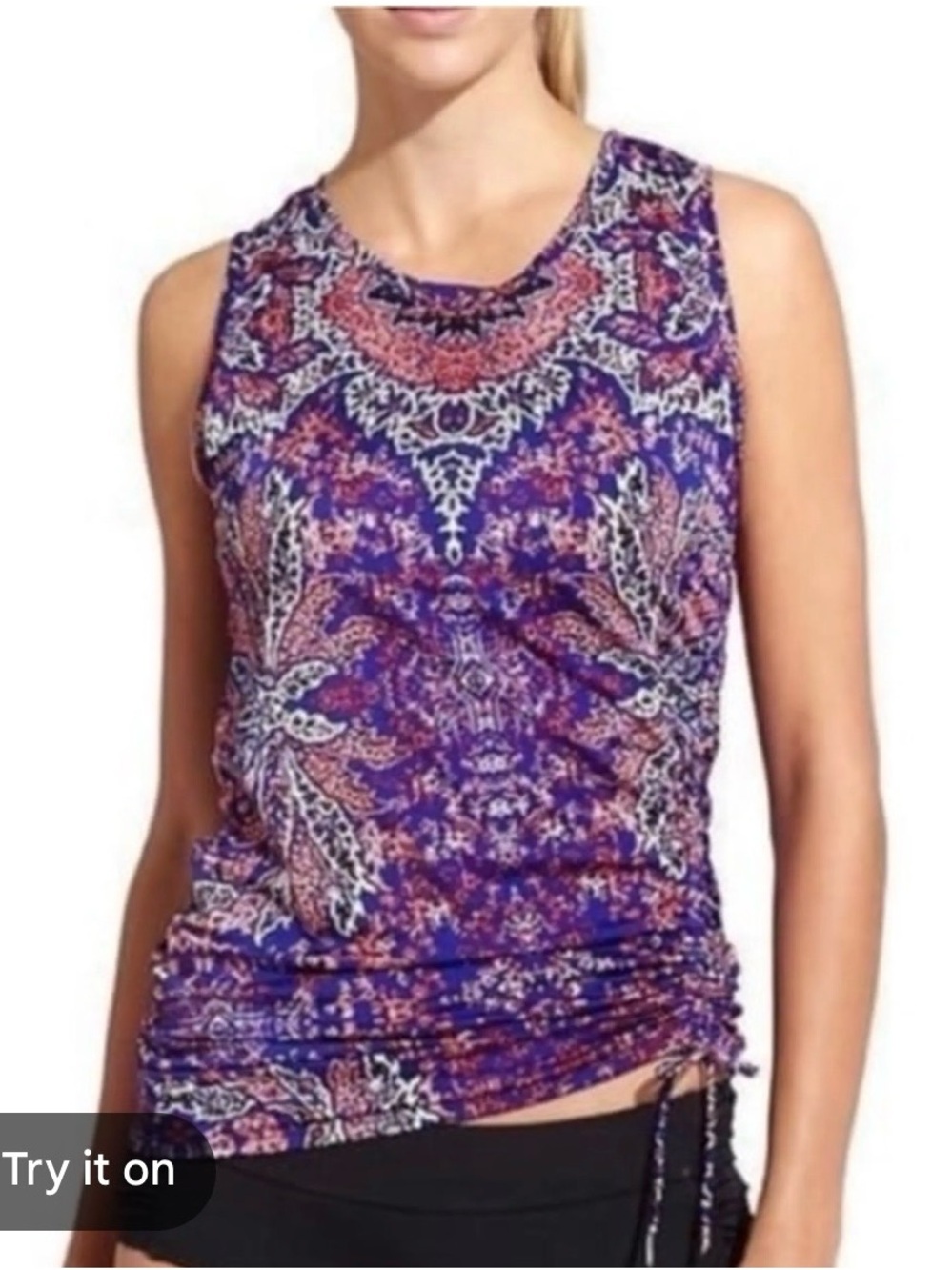 Athleta Tankini Top Aqualuxe Print Ruched Rashguard Swimsuit Geo Purple Medium